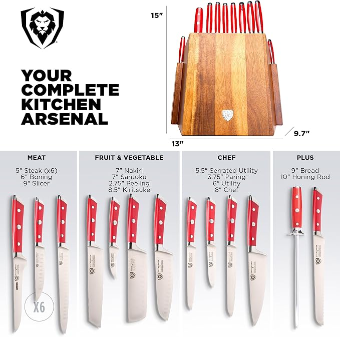 Dalstrong 18-Piece Gladiator Colossal Knife Block Set (Red Handles) — German High-Carbon Steel, Full-Tang, Hand-Sharpened — For Home Chefs, Wedding Registries & Serious Kitchens — Acacia Block, NSF