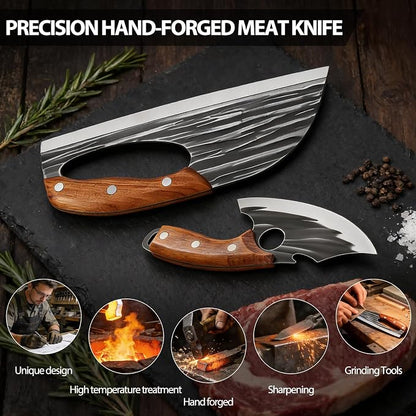 2 Pcs Meat Cleaver Knife Set, Effort Saving Meat Cleaver for Cutting Meat Vegetable, Sharp Carbon Steel Cooking Viking Knife with Leather Sheath for Kitchen, Camping, Outdoor Cooking, BBQ Gift