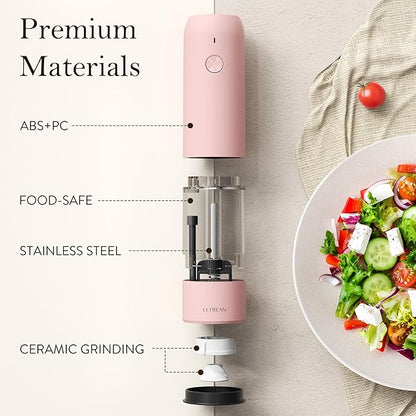 Ultrean Pepper Grinder, Rechargeable Salt and Pepper Grinder with 6 Adjustable Coarseness, LED Light, Automatic Grinder for Kitchen, Cooking Gifts for Women Valentines Day Gifts for Her, Pink