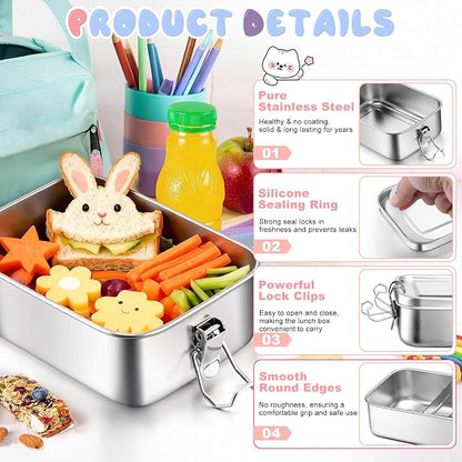 TeamFar Stainless Steel Bento Box, 2 Pack 47oz/1400ml Metal Lunch Box with 3 Compartments for Adults Kids, Large Lunch Food Containers for School/Work/Meal Prep, Leak-Proof & Dishwasher Safe