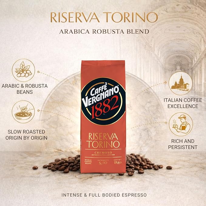 Caffe Vergnano Riserva Torino Cremoso Arabica Robusta Coffee Beans, 2.2 lb Bag - Medium Roast Whole Bean Espresso Blend for Espresso Machine, Moka Pot, Drip Coffee Maker & French Press