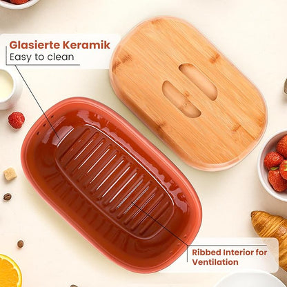 Terracotta Bread Saver Box with Gift Box, Internal 9.8"x5.1"x3.9" Small Bread Bin with Natural Bamboo Lid,Food-Safe Glazed Interior, for Small Artisan Sourdough, Housewarming & Wedding Gift