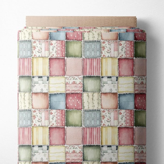 Soft Meadow Patchwork Cotton Fabric Panel, Pastel Floral & Stripe Design, 140 GSM, 61″ × 36.6″ (155 × 93 cm)