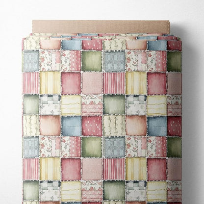 Soft Meadow Patchwork Cotton Fabric Panel, Pastel Floral & Stripe Design, 140 GSM, 61″ × 36.6″ (155 × 93 cm)