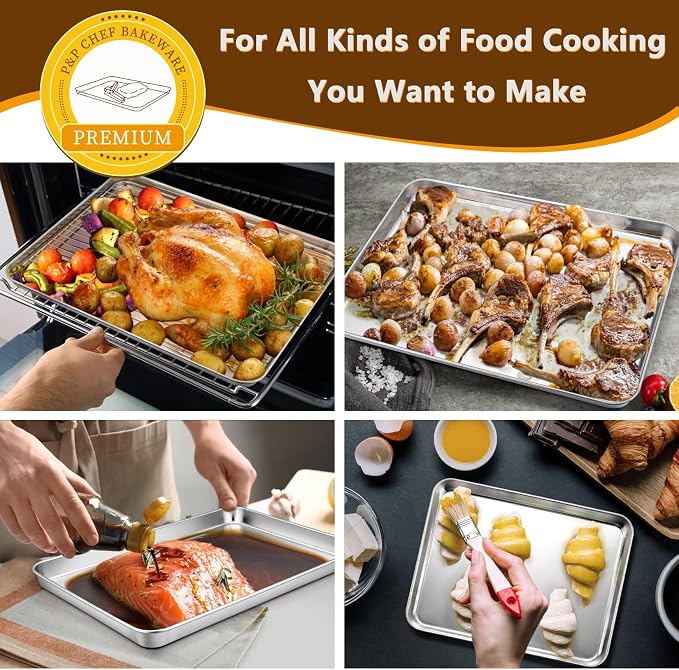 P&P CHEF 16+12.5+9 Inch Baking Sheets with Racks Set, Stainless Steel Baking Cookie Sheet Oven Pan and Cooling Rack, Healthy & Easy Clean, Oven & Dishwasher Safe, 3 Sizes & 6Pcs