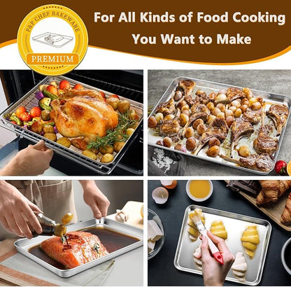 P&P CHEF 16+12.5+9 Inch Baking Sheets with Racks Set, Stainless Steel Baking Cookie Sheet Oven Pan and Cooling Rack, Healthy & Easy Clean, Oven & Dishwasher Safe, 3 Sizes & 6Pcs