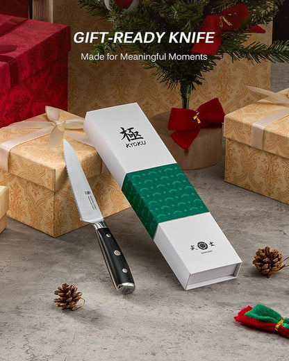 KYOKU 5.5 in. Serrated Utility Knife, Samurai Series Japanese Utility Chef Knife with Pakkawood Handle, German 1.4116 Stainless Steel Full Tang Sandwich Tomato Knife with Protective Sheath & Gift Box