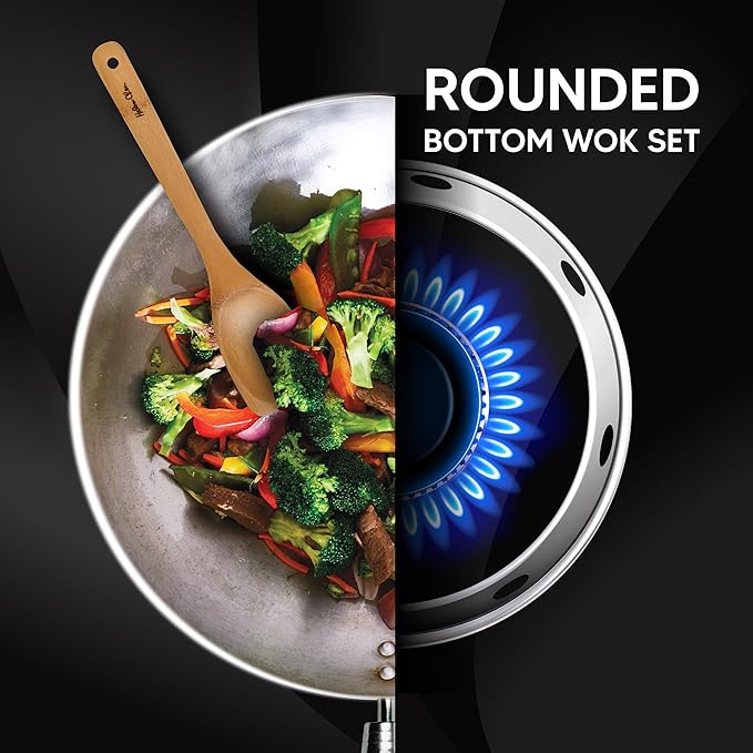 Helen's Asian Kitchen Carbon Steel 4-Piece Wok Set, 12-Inch Round Bottom Wok