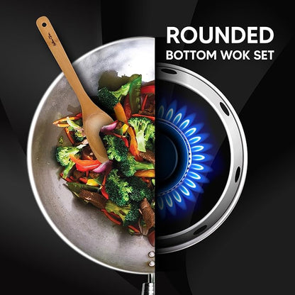 Helen's Asian Kitchen Carbon Steel 4-Piece Wok Set, 12-Inch Round Bottom Wok