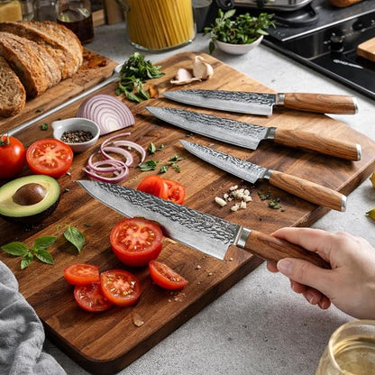 Wakoli 4-Piece Damascus Knife Block Set, VG10 Core 67-Layer Damascus Steel Kitchen Knives with Magnetic Acacia Wood Block, Ergonomic Zebrawood Handles, Hand Wash Only