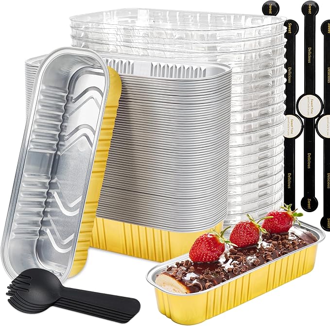 50 Pack Mini Loaf Pans with Lids Rectangle Individual Cake Pans Aluminum Foil Pans for Large Gatherings Picnics Vacations Parties, Graduation Gifts Party Favors(Gold, 6.8 OZ)