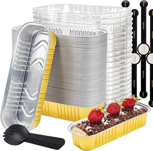 50 Pack Mini Loaf Pans with Lids Rectangle Individual Cake Pans Aluminum Foil Pans for Large Gatherings Picnics Vacations Parties, Graduation Gifts Party Favors(Gold, 6.8 OZ)
