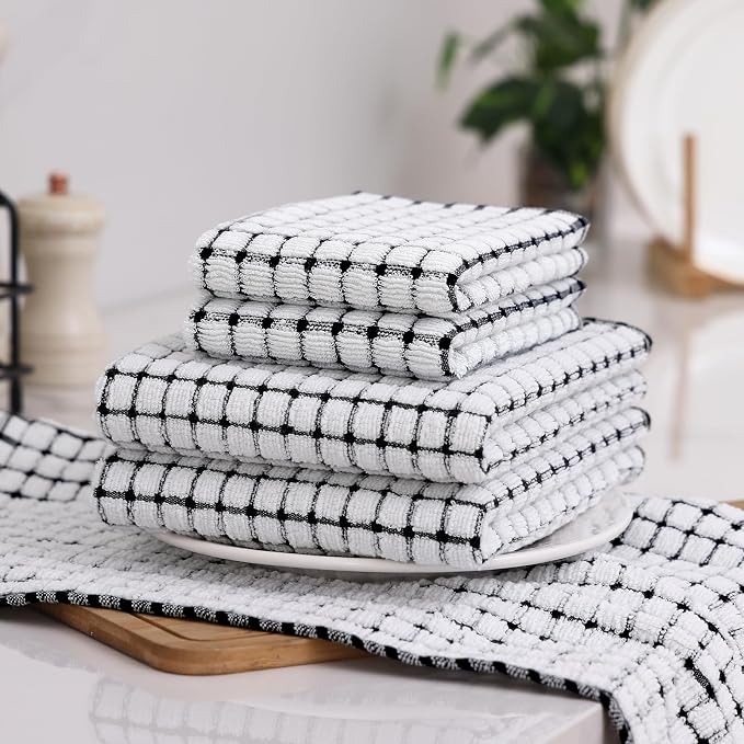 Homaxy Kitchen Towels and Dishcloths Set, 16 x 25 and 12 x 12 Inches, Set of 12 Cotton Terry Kitchen Dish Towels, Super Soft and Absorbent Dish Cloths, Black