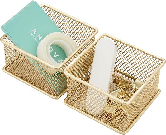 Annova Stackable Mesh Drawer Cabinet and Shelf Organizer Bins Storage Basket School Office Supply Holder Tray- Set of 2 (Gold, 3x3x2 Inch)