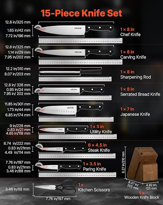 VEVOR Kitchen Knife Set with Block and Sharpener, 15 Piece German High Carbon Stainless Steel Knife Set, Kitchen Cutlery with ABS Ergonomic Handle, Sharpening Rod and Wooden Block, for Home Cooks