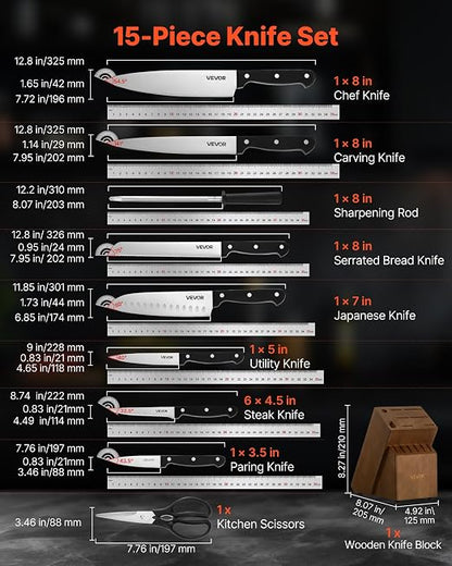 VEVOR Kitchen Knife Set with Block and Sharpener, 15 Piece German High Carbon Stainless Steel Knife Set, Kitchen Cutlery with ABS Ergonomic Handle, Sharpening Rod and Wooden Block, for Home Cooks
