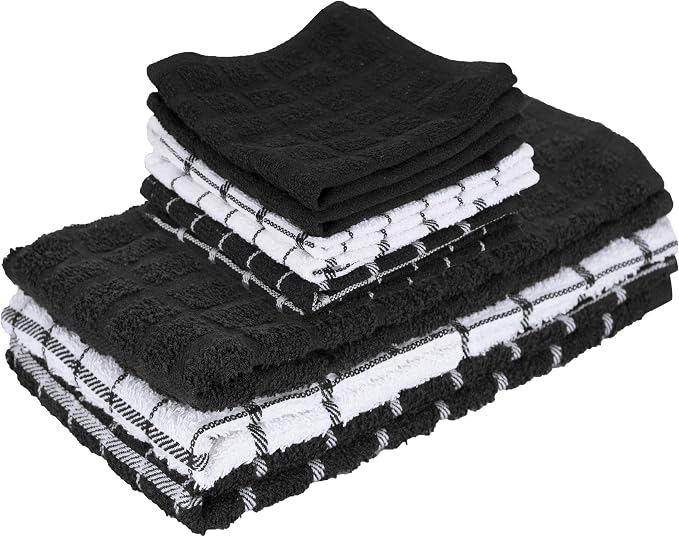 Ritz Premium 3-Pack Kitchen Towel & 6-Pack Dish Cloth Set - Highly Absorbent, Super Soft, Long-Lasting, 100% Cotton Terry Drying Cleaning Cloths, Black