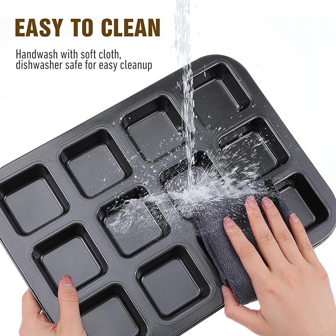 4 Pack Mini Brownie Pan with Dividers, Brownie Bite Pan, 12 Cavity Square Cupcake Pans, Non-Stick Carbon Steel Baking Tray for Individual Brownies, Cakes & Cookies
