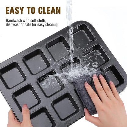 2 Pack Mini Brownie Pan with Dividers, Brownie Bite Pan, 12 Cavity Square Cupcake Pans, Non-Stick Carbon Steel Baking Tray for Individual Brownies, Cakes & Cookies