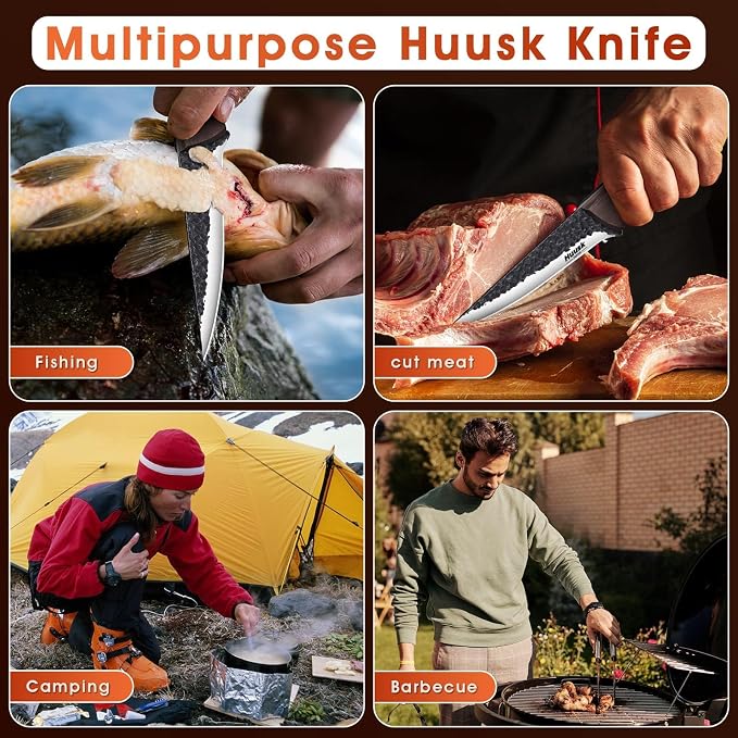 Huusk Boning Knife for Meat Cutting - Japanese High Carbon Steel Fillet Knife - Hand Forged Trimming Knives - Chef Knives for Meat, Fish, Poultry, Grilling Gifts for Men and Women