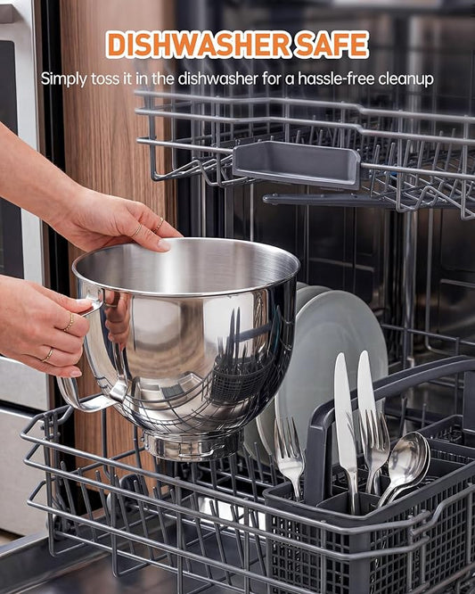 5 QT Food Grade Stainless Steel Mixing Bowl Compatible with KitchenAid Tilt-Head Stand Mixer 4.5-5 Quart, Replacement Kitchen Aid Bowl with Handle & Clasp, Dishwasher Safe