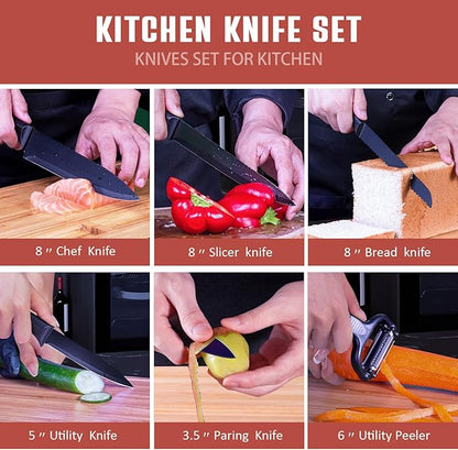 RAXCO Knife Set,10-Piece Stainless Steel Kitchen Knife Set with Block,Black | Compact Small Countertop Holder,Pro-Sharpened Stainless Steel Chef Knives, Space Saving Knife Set for RV & Apartment