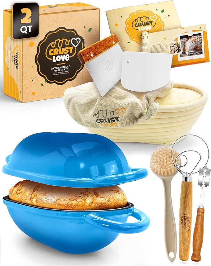 CRUSTLOVE Loaf Pan for Bread Baking - incl. Sourdough Bread-Baking Supplies like Banneton Bread-Proofing Basket - 2QT Enameled Oval Cast Iron Dutch Oven, Bread-Oven, Sour Dough Bread-Banking-Pan Tools