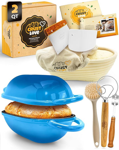 CRUSTLOVE Loaf Pan for Bread Baking - incl. Sourdough Bread-Baking Supplies like Banneton Bread-Proofing Basket - 2QT Enameled Oval Cast Iron Dutch Oven, Bread-Oven, Sour Dough Bread-Banking-Pan Tools