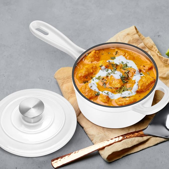 1 QT Enameled Cast Iron Saucepan, Leonyo Sauce Pan with Lid, Cast Iron Enamel Cookware Kitchen Milk Pot for All Cooktops Cooking Pasta, Soup, Egg - Up to 500°F & 4.4Lbs, White