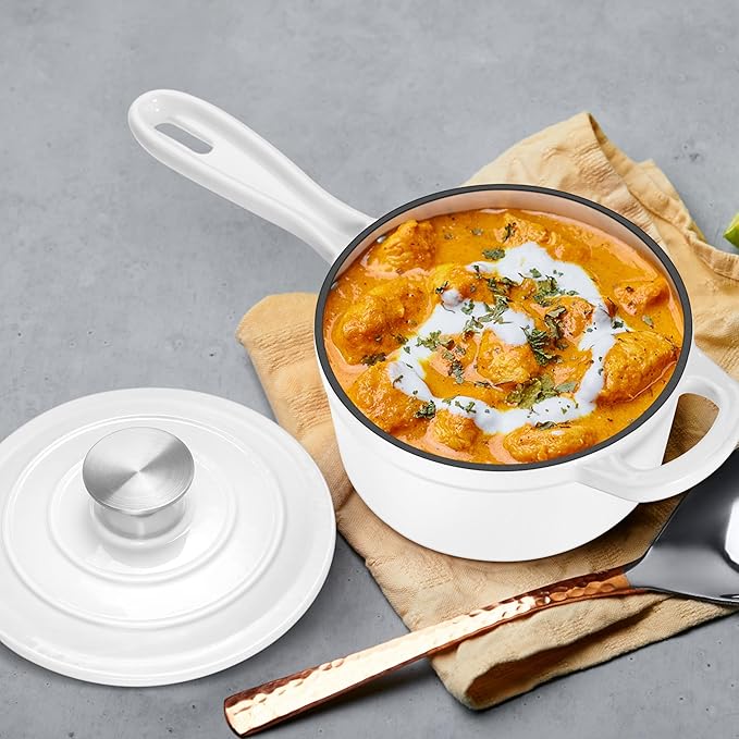 2 Quart Saucepan with Lid, Leonyo Enameled Cast Iron Sauce Pan, Heavy Duty Dutch Oven Cast Iron Pot Kitchen Cookware for All Cooktops Cooking Pasta, Milk, Soup- Up to 500°F & 6.7Lbs, White