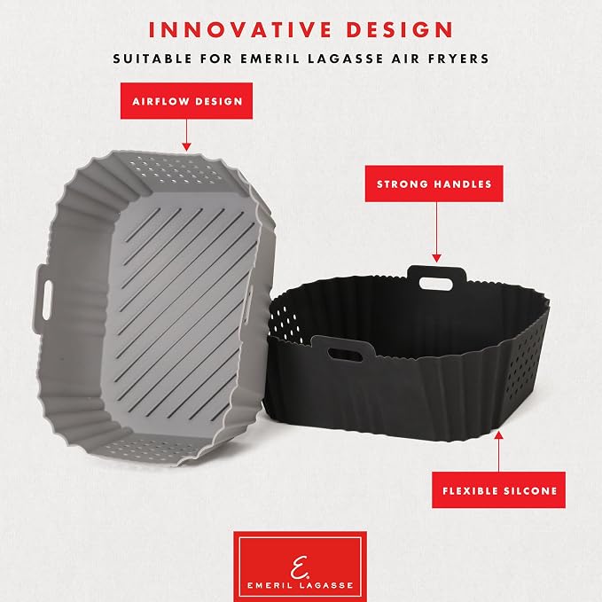 Reusable Silicone Air Fryer Liners for Emeril Lagasse Air Fryer Oven – Non-Stick Reusable Air Fryer Basket Liners – Dishwasher Safe – 9 x 7 x 3 Inch – 2 Pack – Black