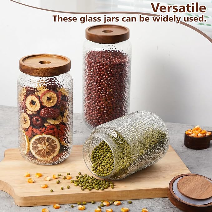 LemonRoad 4 Pack 33 oz Vintage Glass Jars with Lid Decorative Airtight Glass Food Containers Anti Slip Storage Canister for Kitchen Counter Pantry Coffee Nuts Sugar Candy Tea Cookie Spices Oats Cereal