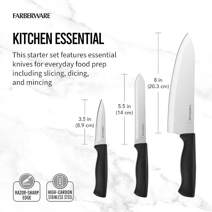 Farberware Stainless Steel Chef Knife Set, 3 Piece, Black