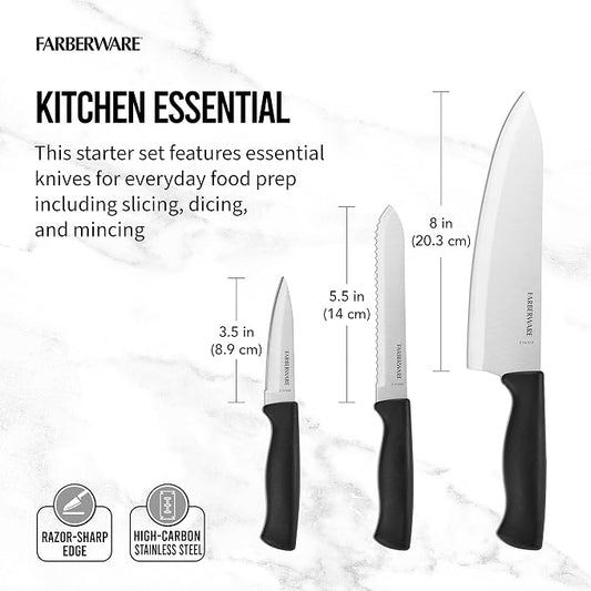 Farberware Stainless Steel Chef Knife Set, 3 Piece, Black