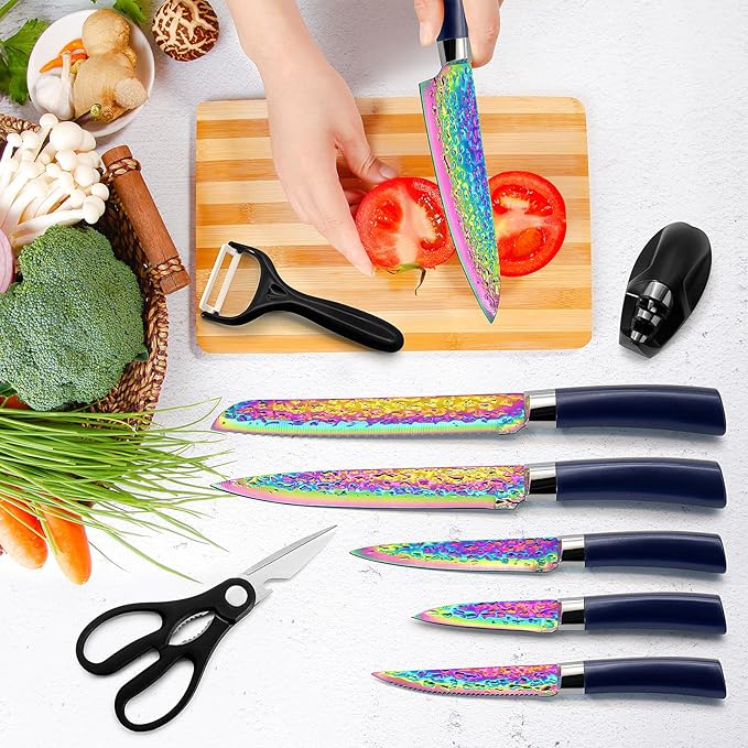 15pcs Blue Kitchen Knife Set, Rainbow Titanium Knife Block Set, High Carbon Stainless Steel Knives Set for Kitchen, Professional Chef Knife Sets for Kitchen with Sharpener Acrylic Block, Best Gift