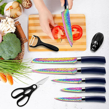 15pcs Blue Kitchen Knife Set, Rainbow Titanium Knife Block Set, High Carbon Stainless Steel Knives Set for Kitchen, Professional Chef Knife Sets for Kitchen with Sharpener Acrylic Block, Best Gift