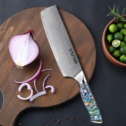 XITUO 7-Inch Nakiri Knife, Japanese VG-10 Damascus Steel (67 Layers), Razor Sharp Asian Vegetable & Meat Chopper, Ergonomic Abalone Shell Handle, Chef Knife with Gift Box
