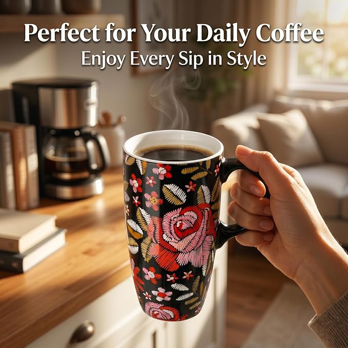 Topadorn 17oz Ceramic Travel Mug with Lid and Handle, Black Floral Coffee Cup, Embroidered Rose Style Mug, Microwave & Dishwasher Safe, Gift Box Included