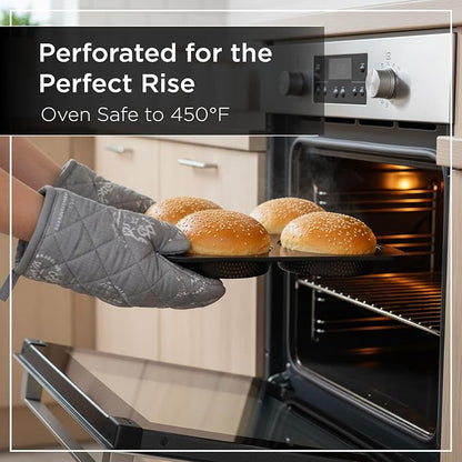 Wrenbury Hamburger Bun Pan Carbon Steel Nonstick - 4-Cavity Baking Mold | for Homemade Burger Buns Bread Rolls and Mini Pies