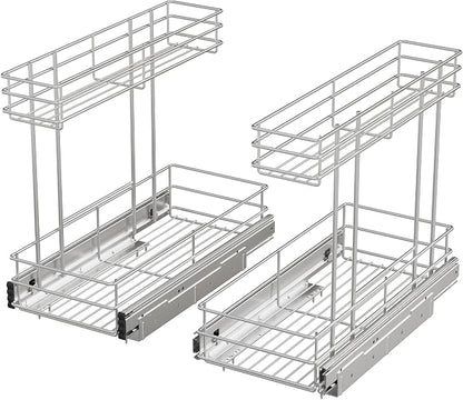 Under Sink Organizer 2 Packs, Pull Out Cabinet Organizer 2 Tier, Under Sink Slide Out Organizer Chrome Plated, Under Kitchen Bathroom Sink Organizer, Pantry Cabinet Closet Organization Rack, 9"W X19"D