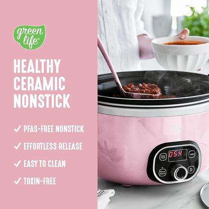 GreenLife 6QT Slow Cooker, Non-Toxic PFAS-Free Ceramic Nonstick Removable Interior Bowl, Programmable, Family Friendly, Keep Warm, Stovetop & Oven Safe, Dishwasher Safe Crock, Timer, Glass Lid, Pink