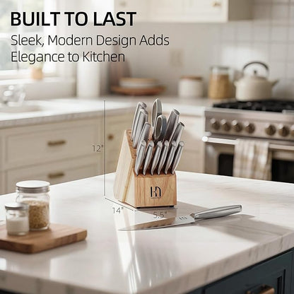 KnifeSaga Knife Set, Premium Knife Block Set for Kitchen 14 Pcs UltraSharp Japanese High Carbon Stainless Steel with Block and Built-in Sharpener, Kitchen Knives Set with Non-serrated Steak Knives