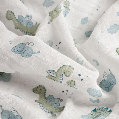 4-Pack Muslin Swaddle Blankets for Newborns | 100% Cotton Breathable Soft, Large 31.5"x43.3" | Multi-Use Stroller Sunshade Nursing Cover & Receiving Blanket, Blue Dinosaur