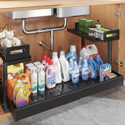 1 Pack-19"-32"W Expandable Under Sink Organizer With Upgrade Ball-Bearing Slide,2-Tier Pull Out Under Cabinet Organizer Height Adjustable,Not Suitable For Cabinets With Partitions In The Middle