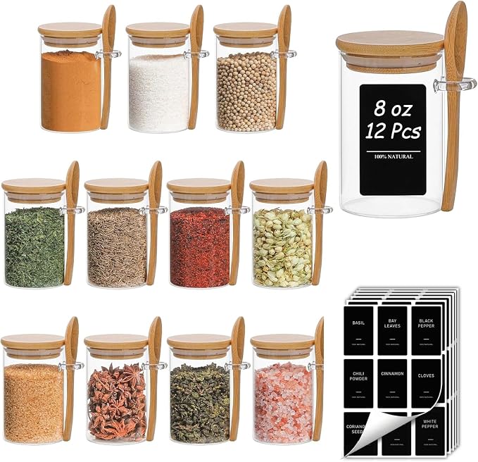 ComSaf 12 Pcs Glass Spice Jars and Spoons, 8oz Glass Containers with Bamboo Lids, Storage Containers with Airtight Lids with Black Labels for Seasonings, Salt, Loose Leaf Tea Storage