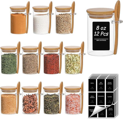 ComSaf 12 Pcs Glass Spice Jars and Spoons, 8oz Glass Containers with Bamboo Lids, Storage Containers with Airtight Lids with Black Labels for Seasonings, Salt, Loose Leaf Tea Storage
