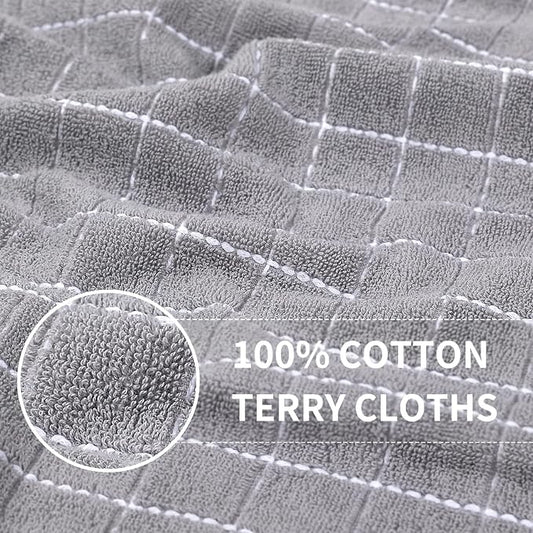Homaxy 100% Cotton Terry Kitchen Towels(Light Grey, 13 x 28 inches), Checkered Designed, Soft and Super Absorbent Dish Towels, 6 Pack