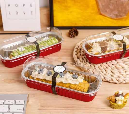 NPLUX Mini Loaf Pans with Lids and Spoons Rectangular Aluminum Foil Baking Pans Mini Cheesecake Containers 6.8oz(60 Pack, Red)