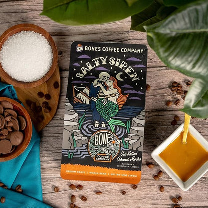 Bones Coffee Company Decaf Salty Siren, Sea Salted Caramel Chocolate Decaffeinated Flavored Coffee, Medium Roast Low Acid Arabica Beans For Auto drip and French Press Coffee Maker, 12 Oz Whole Bean