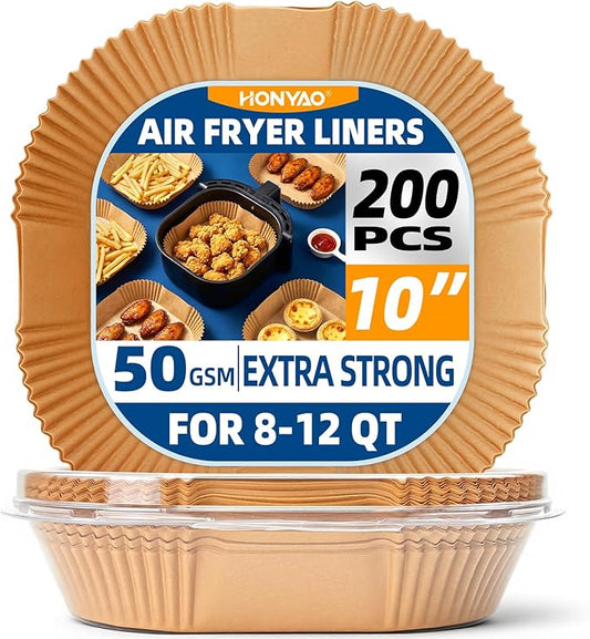HONYAO 200pcs Thickened Air Fryer Paper Liners 10 inch XXXL for 8-12 Qt Airfryer, 50gsm Square Disposable Liner Accessories for Extra Large Fryers and Oven